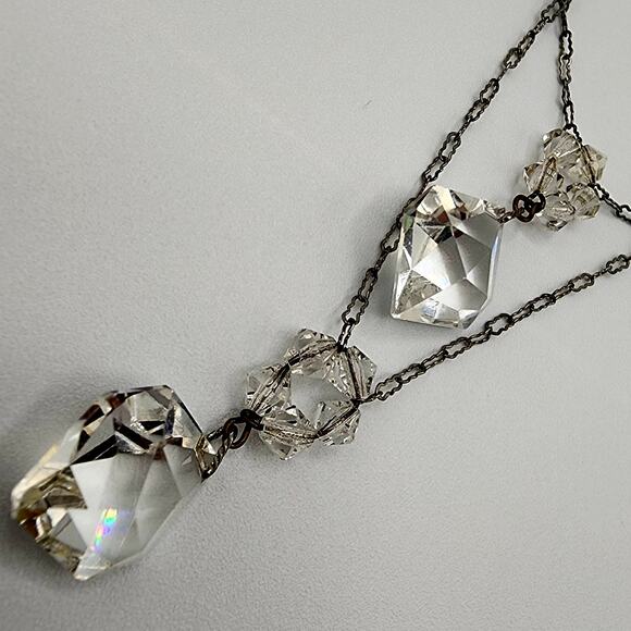1920s Art Deco Crystal Lavalier Necklace Y Drop Leaded Glass Crinkle Link Chain - Picture 7 of 8